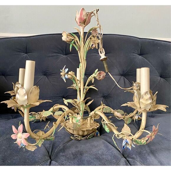 Pastel Pink, Blue and Mint Shabby Chic Florence Style Chandelier, 1960s Wrought - Picture 12 of 14